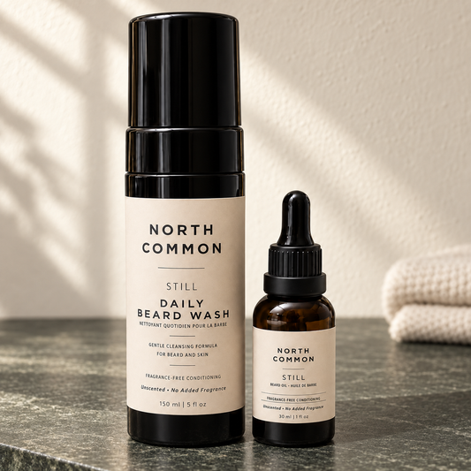 North Common Still Beard Wash and Beard Oil for a nighttime beard care routine